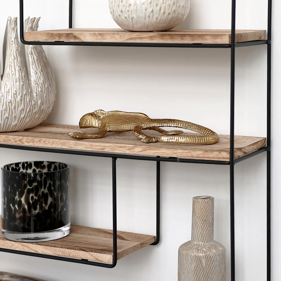 Zwart Metalen Wandrek Met 4 Houten Plankjes - Rechthoek - 55x45x11 Cm 4 Zwart Metalen Wandrek Met 4 Houten Plankjes - Rechthoek - 55x45x11 Cm - Afbeelding 2