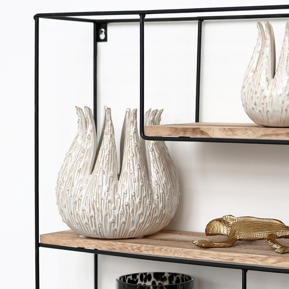 Zwart Metalen Wandrek Met 4 Houten Plankjes - Rechthoek - 55x45x11 Cm 5 Zwart Metalen Wandrek Met 4 Houten Plankjes - Rechthoek - 55x45x11 Cm - Afbeelding 3