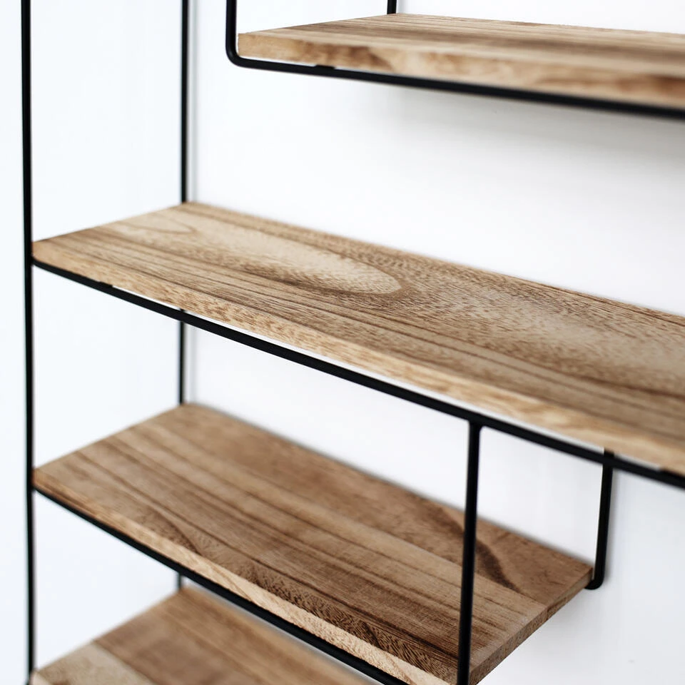 Zwart Metalen Wandrek Met 4 Houten Plankjes - Rechthoek - 55x45x11 Cm 6 Zwart Metalen Wandrek Met 4 Houten Plankjes - Rechthoek - 55x45x11 Cm - Afbeelding 4