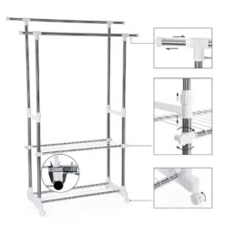 ACAZA Mobiel Kledingrek - Dubbelvoudig - 2 Rails - Zilvergrijs -Tuinmeubel Winkel 1000066951 0104