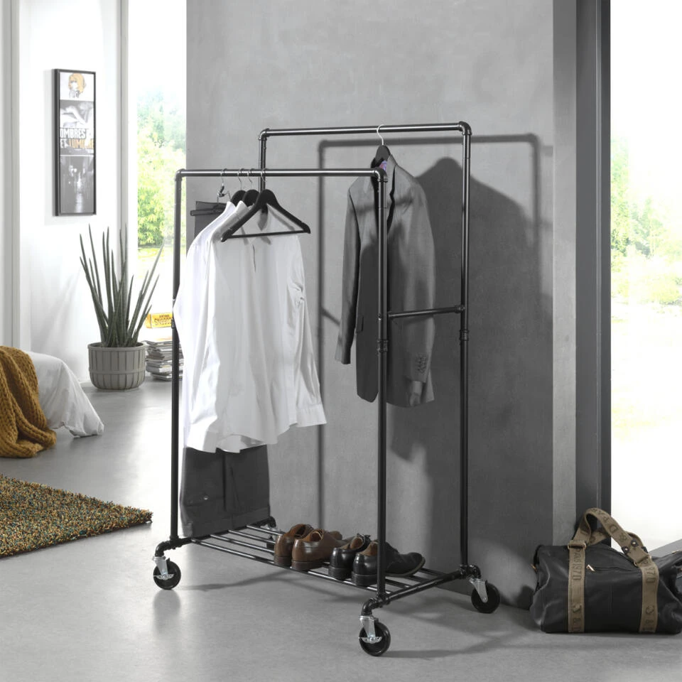 ACAZA Mobiel Kledingrek - 2 Rails - Zwart 6 ACAZA Mobiel Kledingrek - 2 Rails - Zwart - Afbeelding 4