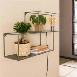 Industrieel Wandschap Timo Vierkant 90 Cm Oud Zilver 23x90x50 Cm Metaal -Tuinmeubel Winkel 1000072625 0102