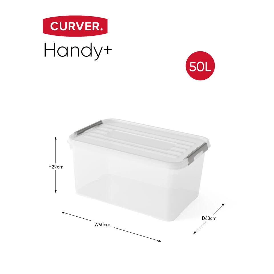 Curver Handy+ Opbergbox - 50L - 2 Stuks - Transparant Met Deksel 4 Curver Handy+ Opbergbox - 50L - 2 Stuks - Transparant Met Deksel - Afbeelding 2