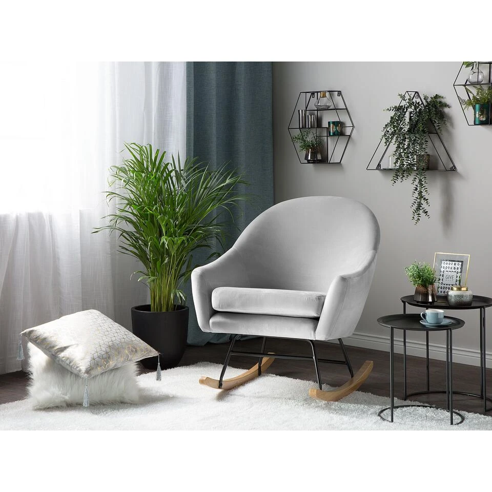 Beliani Schommelstoel OXIE - Grijs Fluweel 4 Beliani Schommelstoel OXIE - Grijs Fluweel - Afbeelding 2