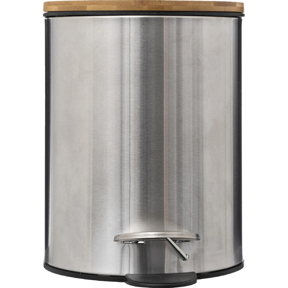 5Five Pedaalemmer - Zilver/bamboe - Metaal - 3L - 23 Cm - Soft Close 4 5Five Pedaalemmer - Zilver/bamboe - Metaal - 3L - 23 Cm - Soft Close - Afbeelding 2